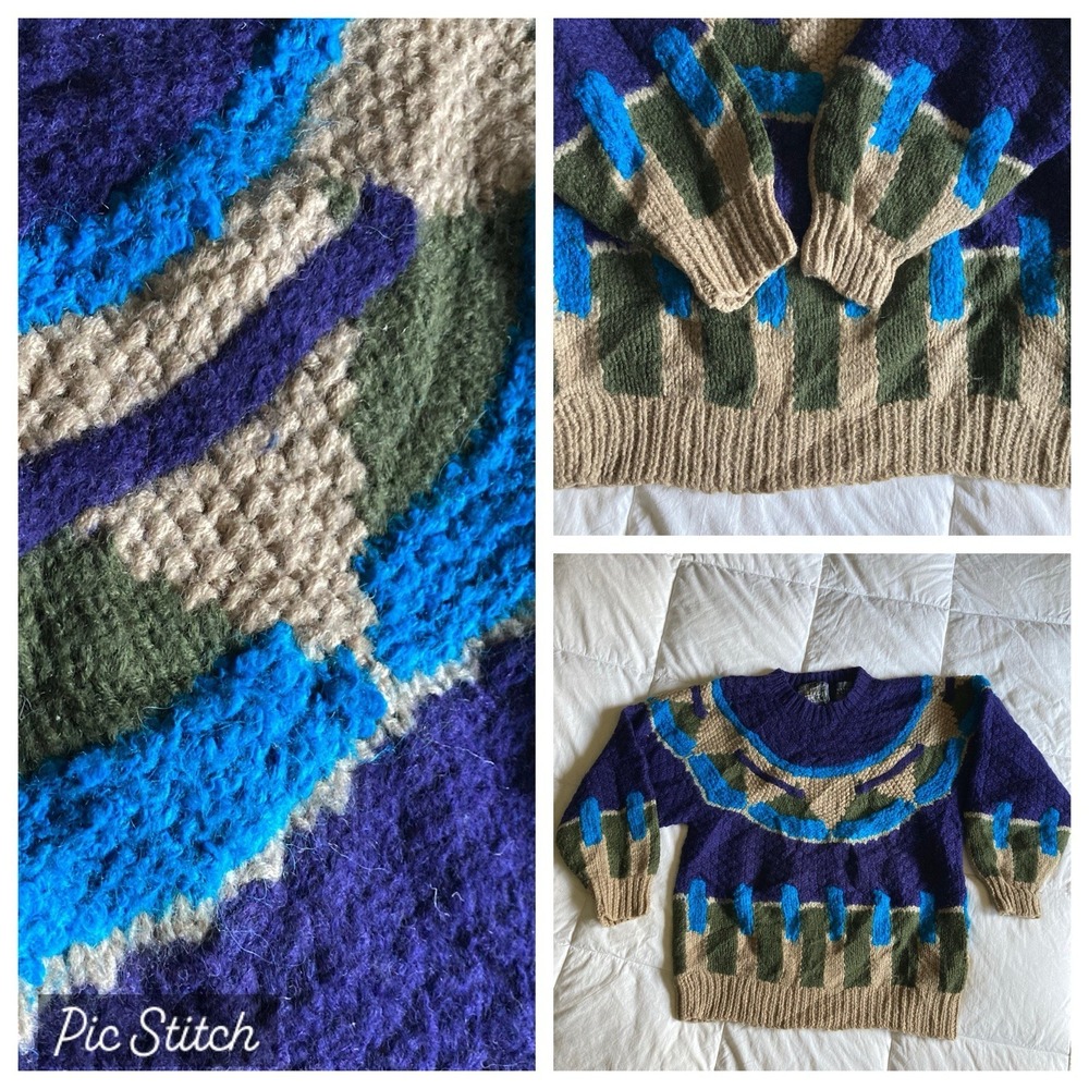 Vtg 80s Novo Intarsia HandKnit Wool Blend Sweater Womens M Geo Abstract Bold Art